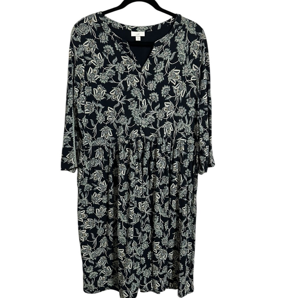J Jill Dress Womens Medium Blue Floral 3/4 Sleeve Knit Shift Pockets Cottagecore